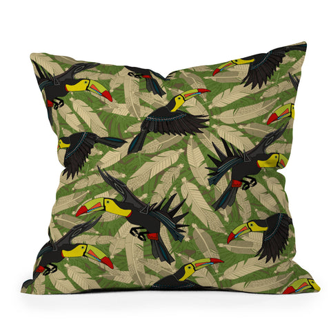 Sharon Turner toucan feather jungle Outdoor Throw Pillow
