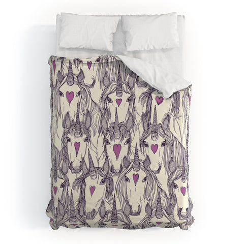 Sharon Turner unicorn love purple Duvet Cover