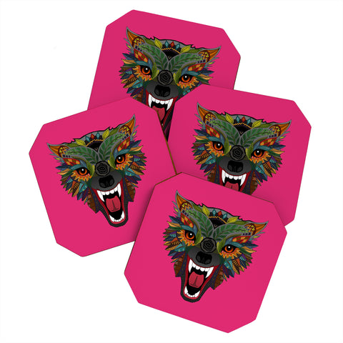 Sharon Turner wolf fight flight pink Coaster Set