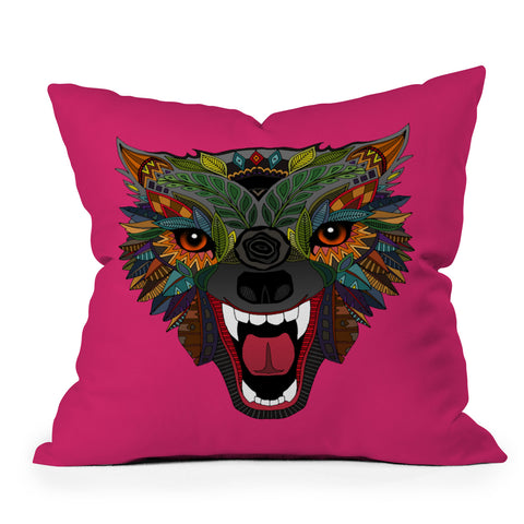 Sharon Turner wolf fight flight pink Outdoor Throw Pillow