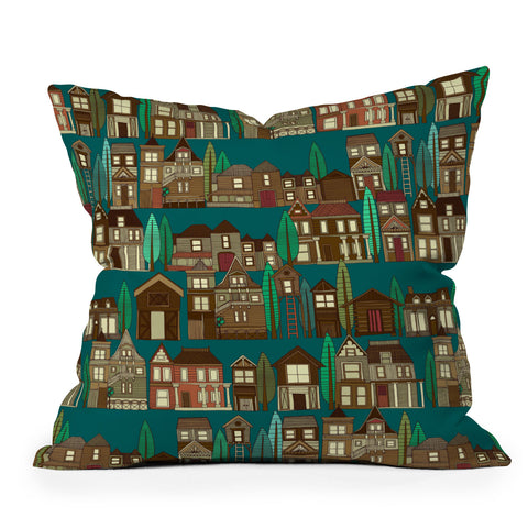 Sharon Turner wooden buildings teal Outdoor Throw Pillow