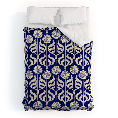 Showmemars Art Deco Florals On Dark Blue Duvet Cover