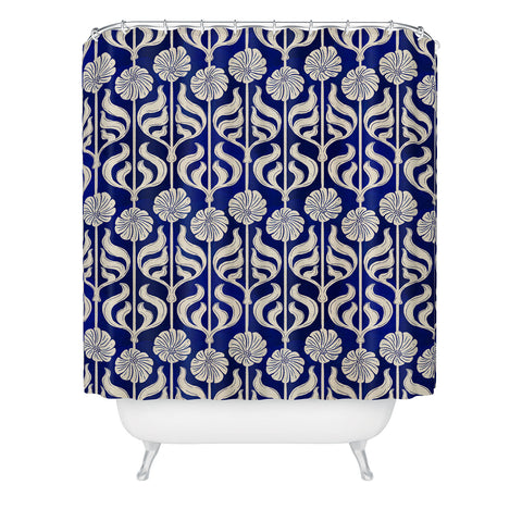 Showmemars Art Deco Florals On Dark Blue Shower Curtain