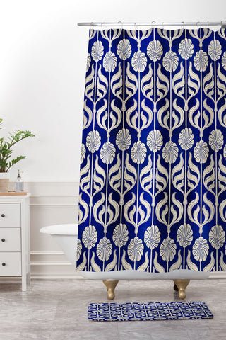 Showmemars Art Deco Florals On Dark Blue Shower Curtain And Mat