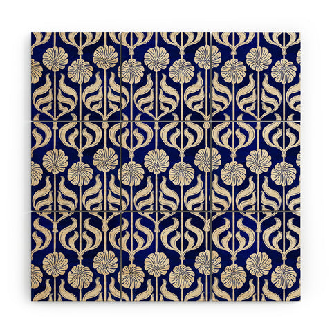 Showmemars Art Deco Florals On Dark Blue Wood Wall Mural