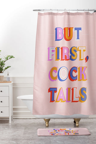 Showmemars But First Cocktails Typography Shower Curtain And Mat