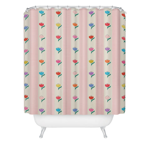Showmemars Cheery Tulips on Pink and Cream Shower Curtain