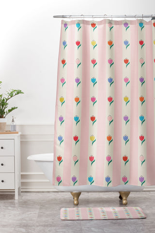 Showmemars Cheery Tulips on Pink and Cream Shower Curtain And Mat