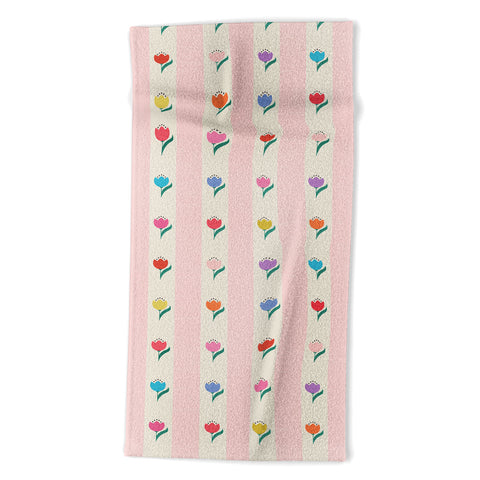 Showmemars Cheery Tulips on Pink and Cream Beach Towel