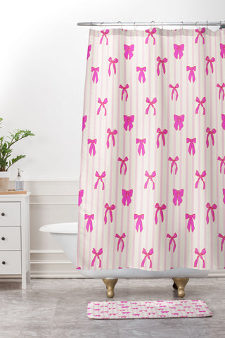 Showmemars Classic Hot Pink Bows And Stripes Shower Curtain And Mat