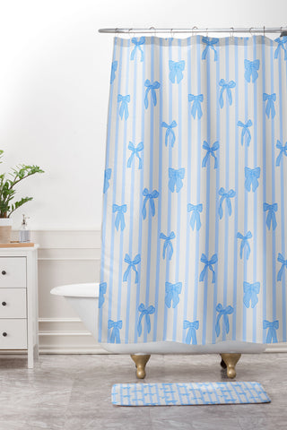 Showmemars Elegant Blue Bows and Stripes Shower Curtain And Mat