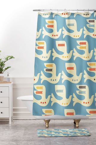 Showmemars Festive Birds Blue Shower Curtain And Mat