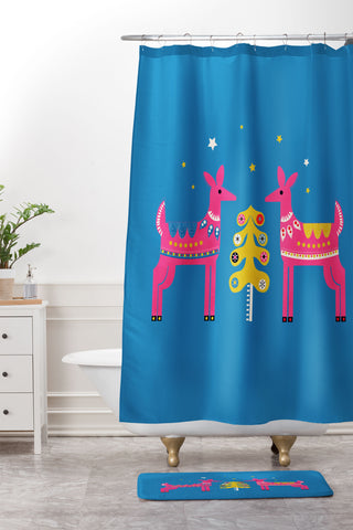Showmemars Festive Deers In Hot Pink Shower Curtain And Mat
