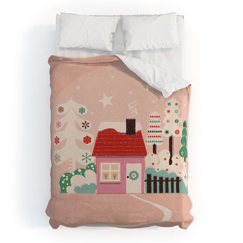 Showmemars Festive Winter Hut in pink Duvet Cover