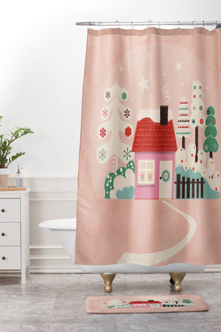 Showmemars Festive Winter Hut in pink Shower Curtain And Mat