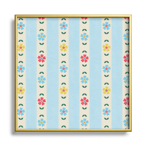 Showmemars Granny Style Vintage Florals Blue Square Metal Framed Art Print