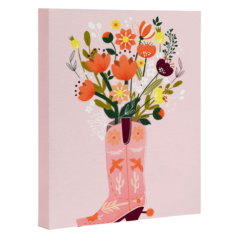 Showmemars Pink Cowboy Boot and Wild Flowers Art Canvas