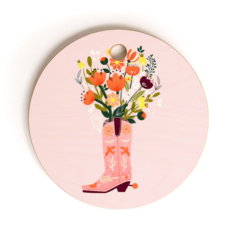Showmemars Pink Cowboy Boot and Wild Flowers Cutting Board Round