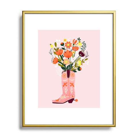 Showmemars Pink Cowboy Boot and Wild Flowers Metal Framed Art Print
