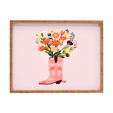 Showmemars Pink Cowboy Boot and Wild Flowers Rectangular Tray
