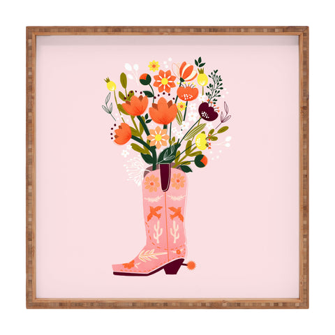 Showmemars Pink Cowboy Boot and Wild Flowers Square Tray