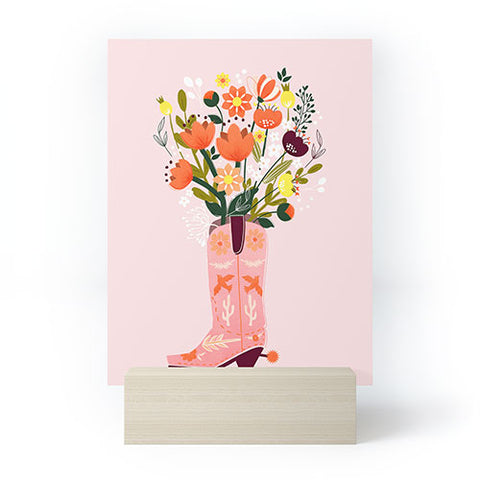 Showmemars Pink Cowboy Boot and Wild Flowers Mini Art Print