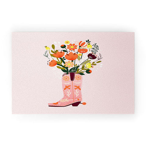 Showmemars Pink Cowboy Boot and Wild Flowers Welcome Mat