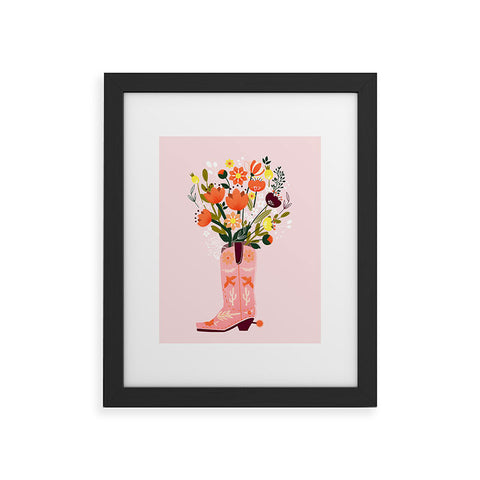 Showmemars Pink Cowboy Boot and Wild Flowers Framed Art Print