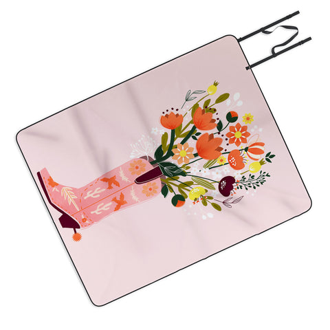 Showmemars Pink Cowboy Boot and Wild Flowers Picnic Blanket