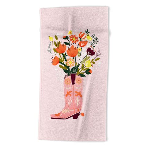 Showmemars Pink Cowboy Boot and Wild Flowers Beach Towel