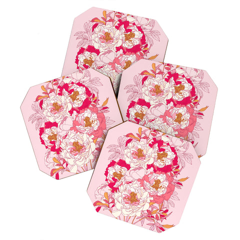 Showmemars Pink flowers of peonies Coaster Set