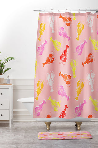 Showmemars Pink Lobster Pattern Shower Curtain And Mat