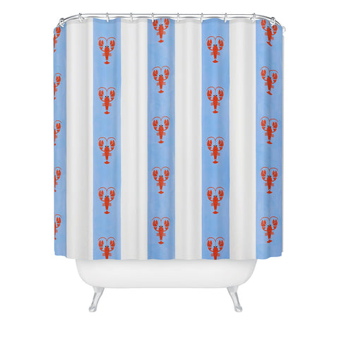 Showmemars Red Lobsters On Blue Stripe Shower Curtain