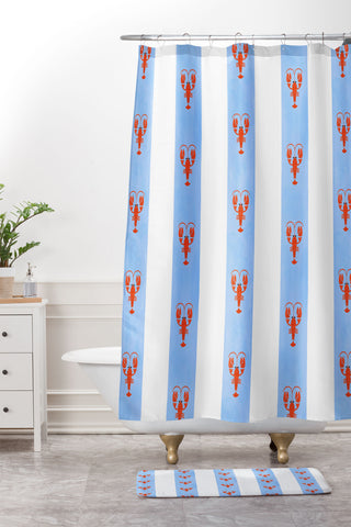 Showmemars Red Lobsters On Blue Stripe Shower Curtain And Mat