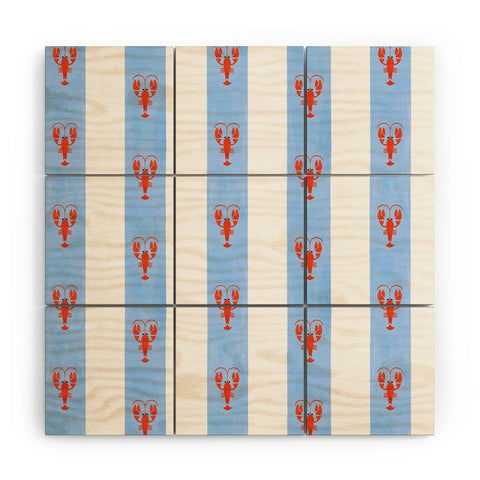 Showmemars Red Lobsters On Blue Stripe Wood Wall Mural
