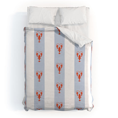 Showmemars Red Lobsters On Blue Stripes Duvet Cover