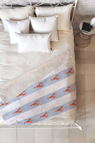 Showmemars Red Lobsters On Blue Stripes Fleece Throw Blanket