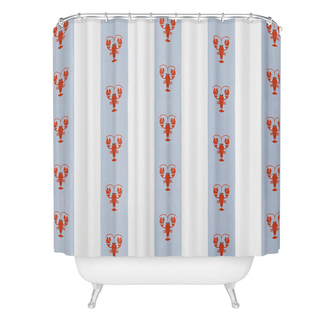 Showmemars Red Lobsters On Blue Stripes Shower Curtain