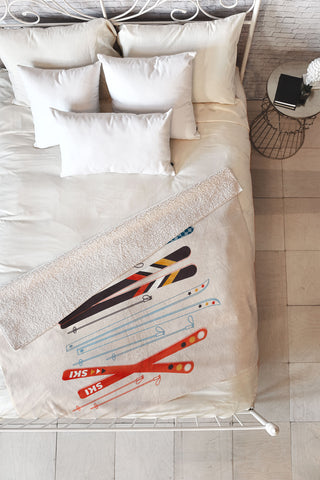 Showmemars Retro Ski Illustration Fleece Throw Blanket