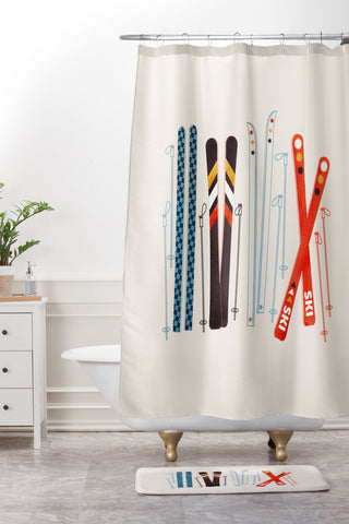 Showmemars Retro Ski Illustration Shower Curtain And Mat