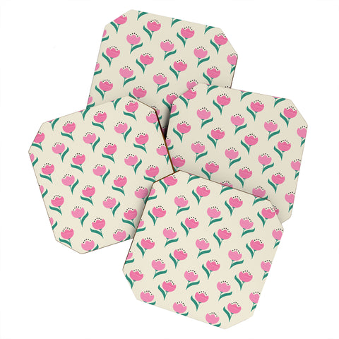 Showmemars Vintage Pink Fabric Tulips Coaster Set