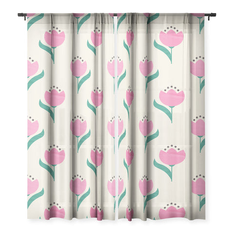 Showmemars Vintage Pink Fabric Tulips Sheer Window Curtain