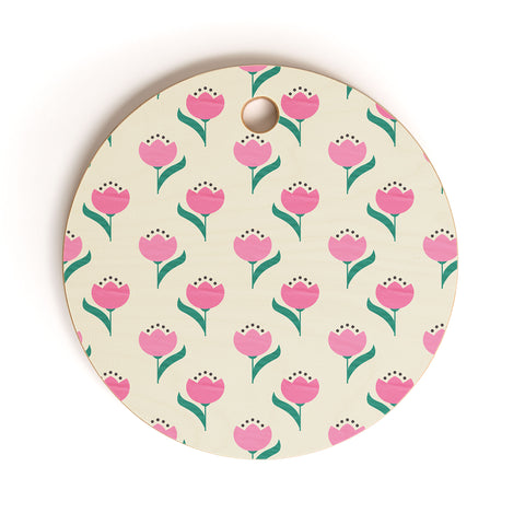 Showmemars Vintage Pink Fabric Tulips Cutting Board Round