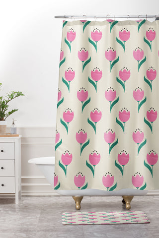 Showmemars Vintage Pink Fabric Tulips Shower Curtain And Mat