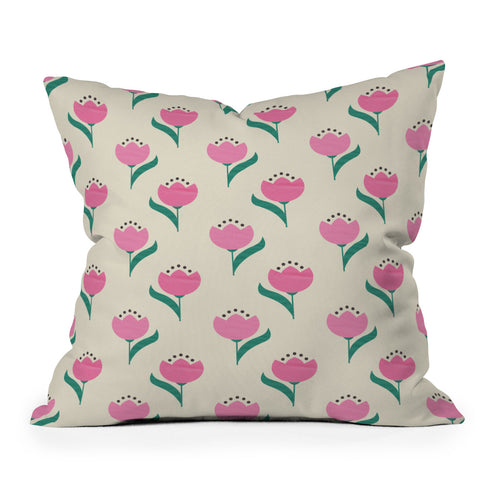 Showmemars Vintage Pink Fabric Tulips Outdoor Throw Pillow