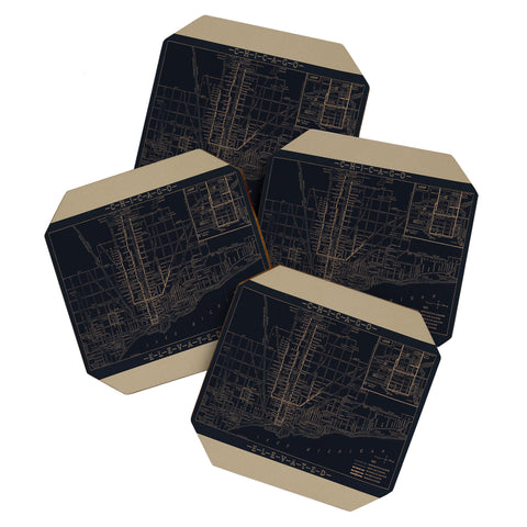 Society6 Design Studio Chicago Elevated Map 1913 Black Coaster Set