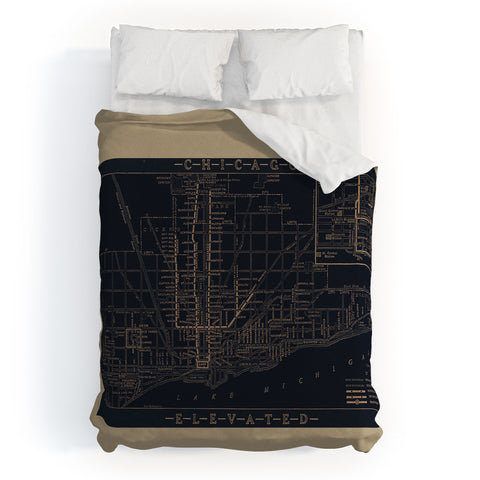 Society6 Design Studio Chicago Elevated Map 1913 Black Duvet Cover