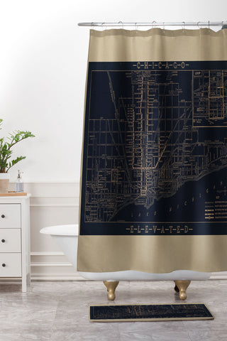 Society6 Design Studio Chicago Elevated Map 1913 Black Shower Curtain And Mat