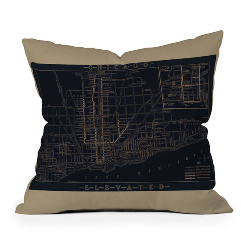 Society6 Design Studio Chicago Elevated Map 1913 Black Outdoor Throw Pillow