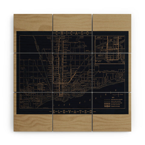 Society6 Design Studio Chicago Elevated Map 1913 Black Wood Wall Mural